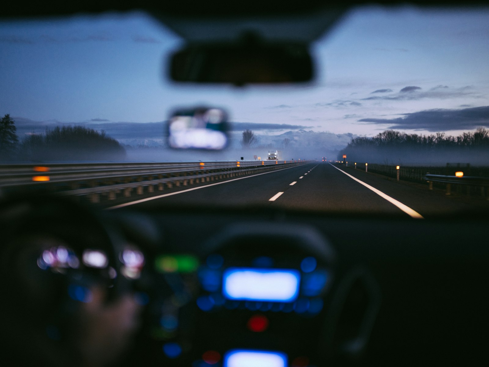 Driver's view of the road through a windshield